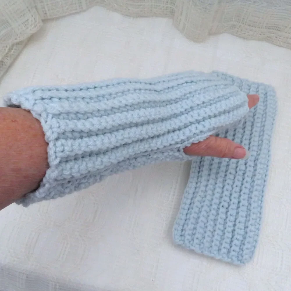 Handmade Crocheted Fingerless Gloves, Pale Aqua Acrylic Mittens for Women